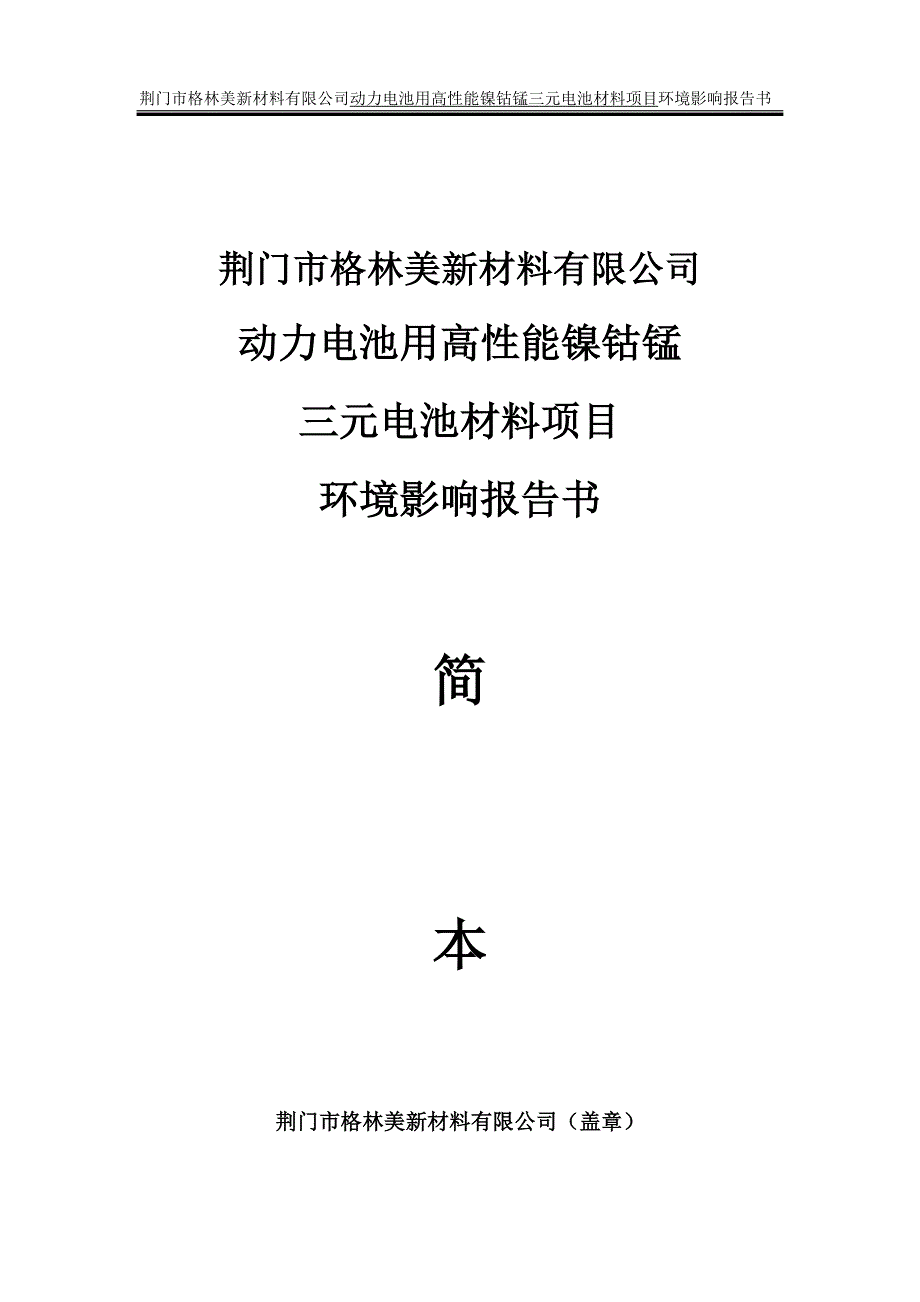 动力电池用高性能镍钴锰三元电池材料建设环境评估报告书_第1页