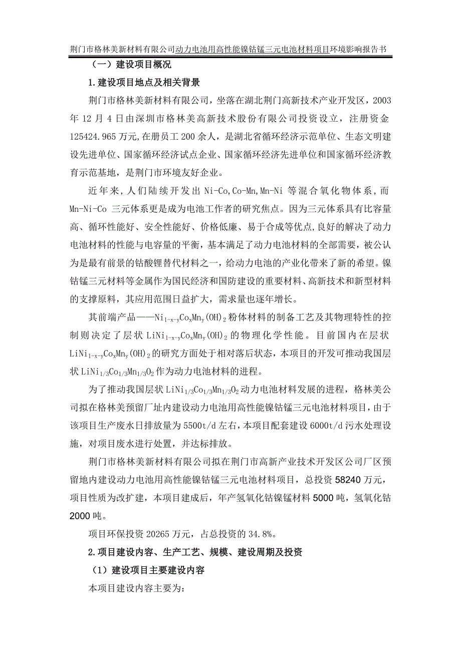 动力电池用高性能镍钴锰三元电池材料建设环境评估报告书_第2页