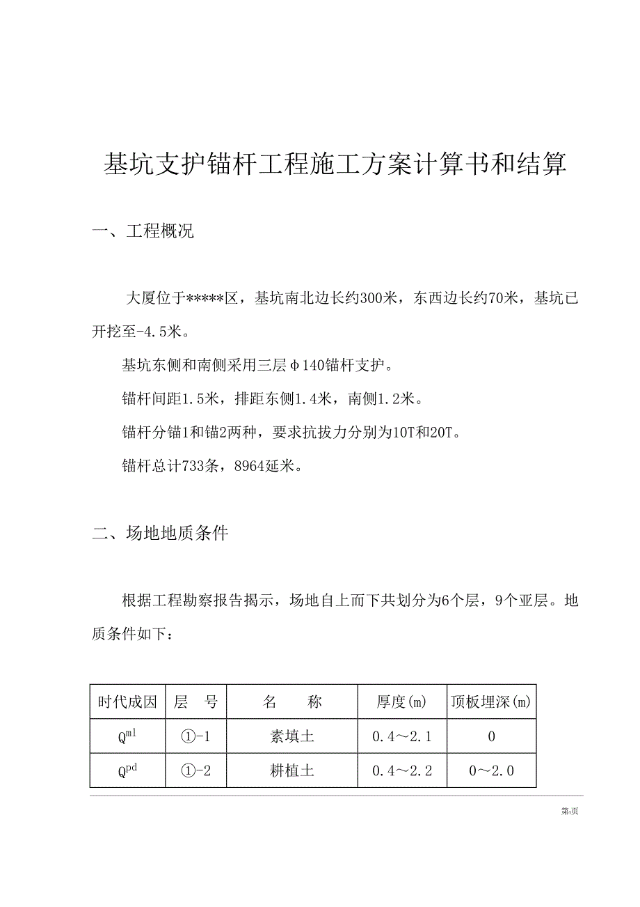 基坑支护锚杆工程施工方案计算书和结算_第1页