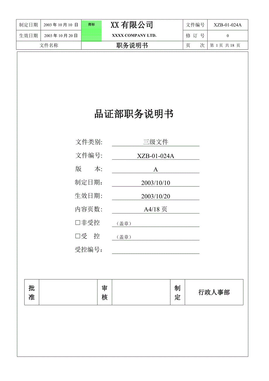 品质部职务说明书_第1页