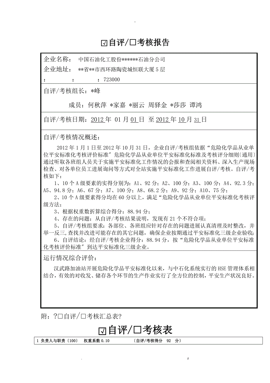 某加油站危险化学品从业单位安全标准化自评_第1页