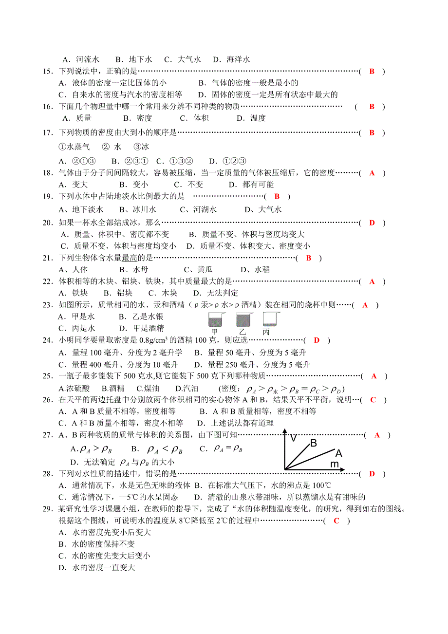 科学八年级上第一章水、密度基础检测题_第2页