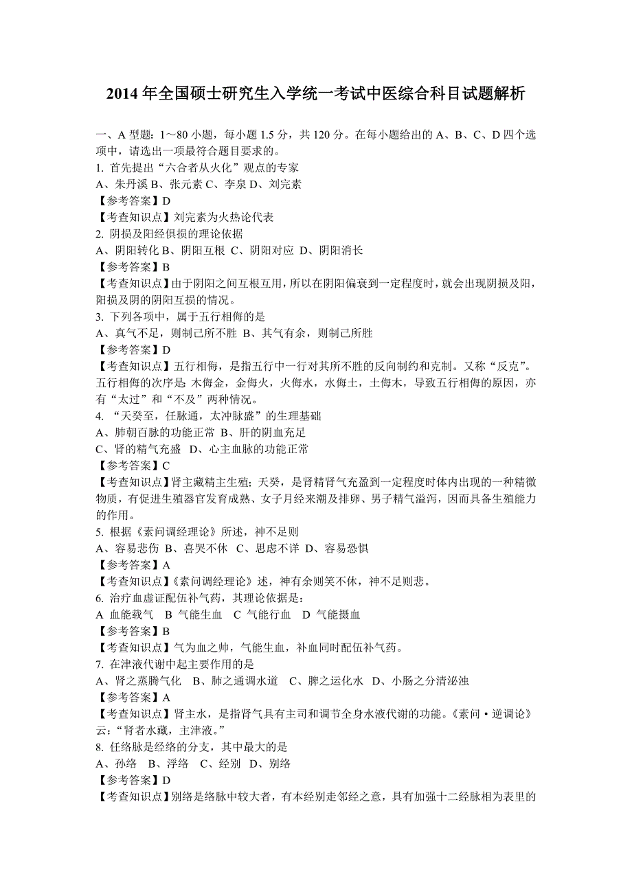 2014年中医综合考研试题(含答案解析).doc_第1页