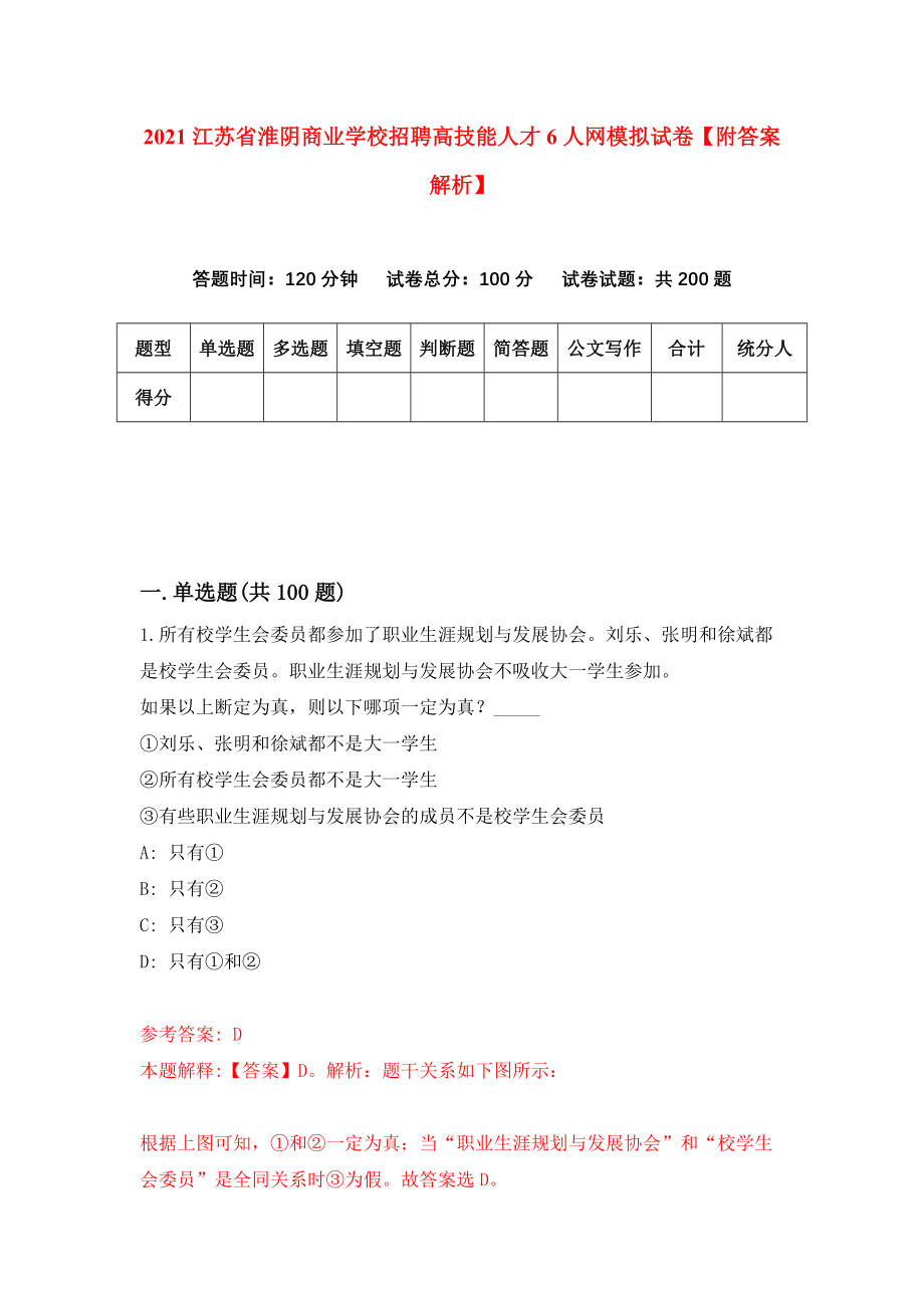 2021江苏省淮阴商业学校招聘高技能人才6人网模拟试卷【附答案解析】【3】_第1页