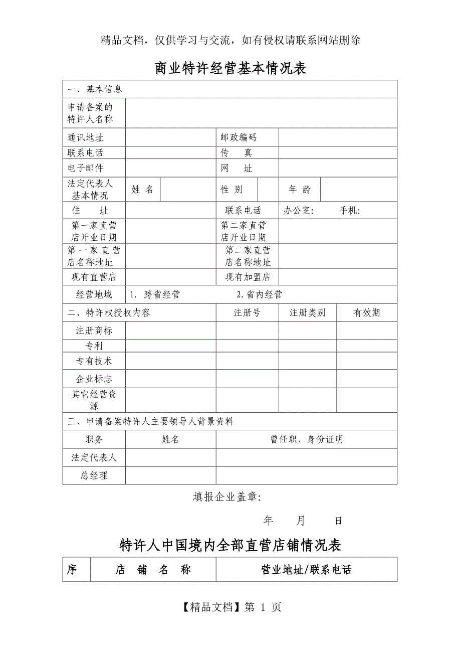 商业特许经营基本情况表_第1页