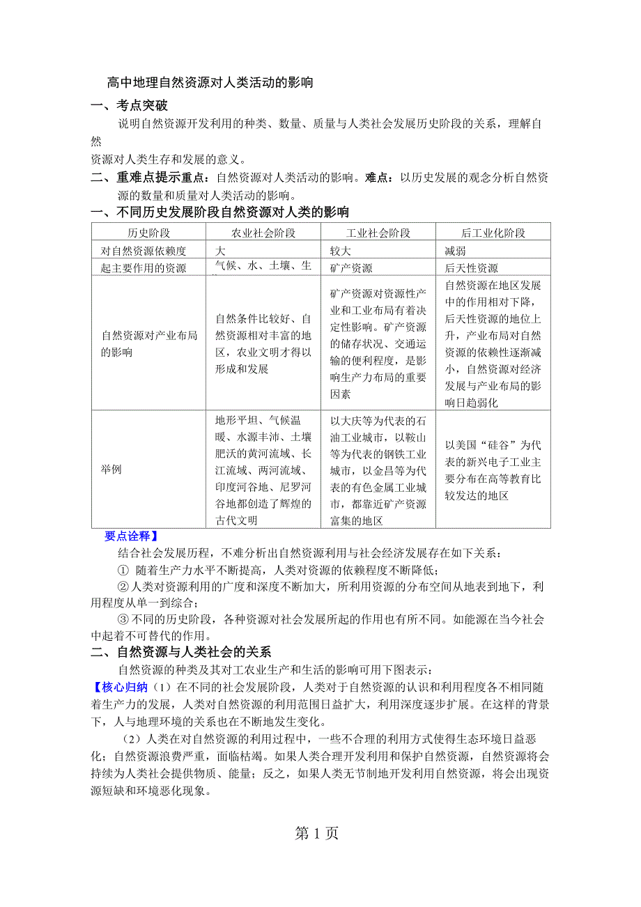 必修1第四章第三节自然资源与人类活动 自然资源对人类活动的影响(讲义)_第1页