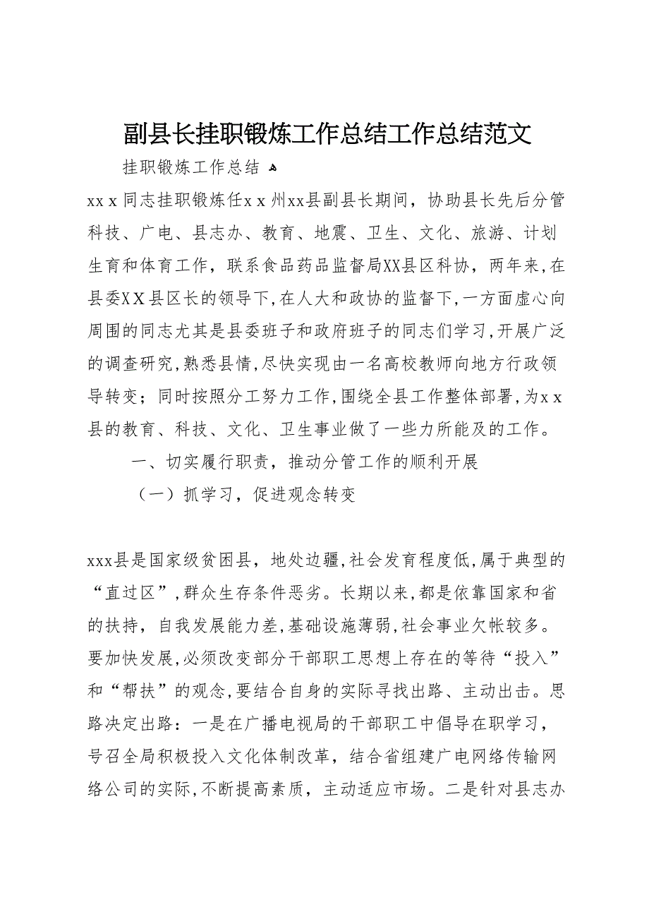 副县长挂职锻炼工作总结工作总结范文_第1页