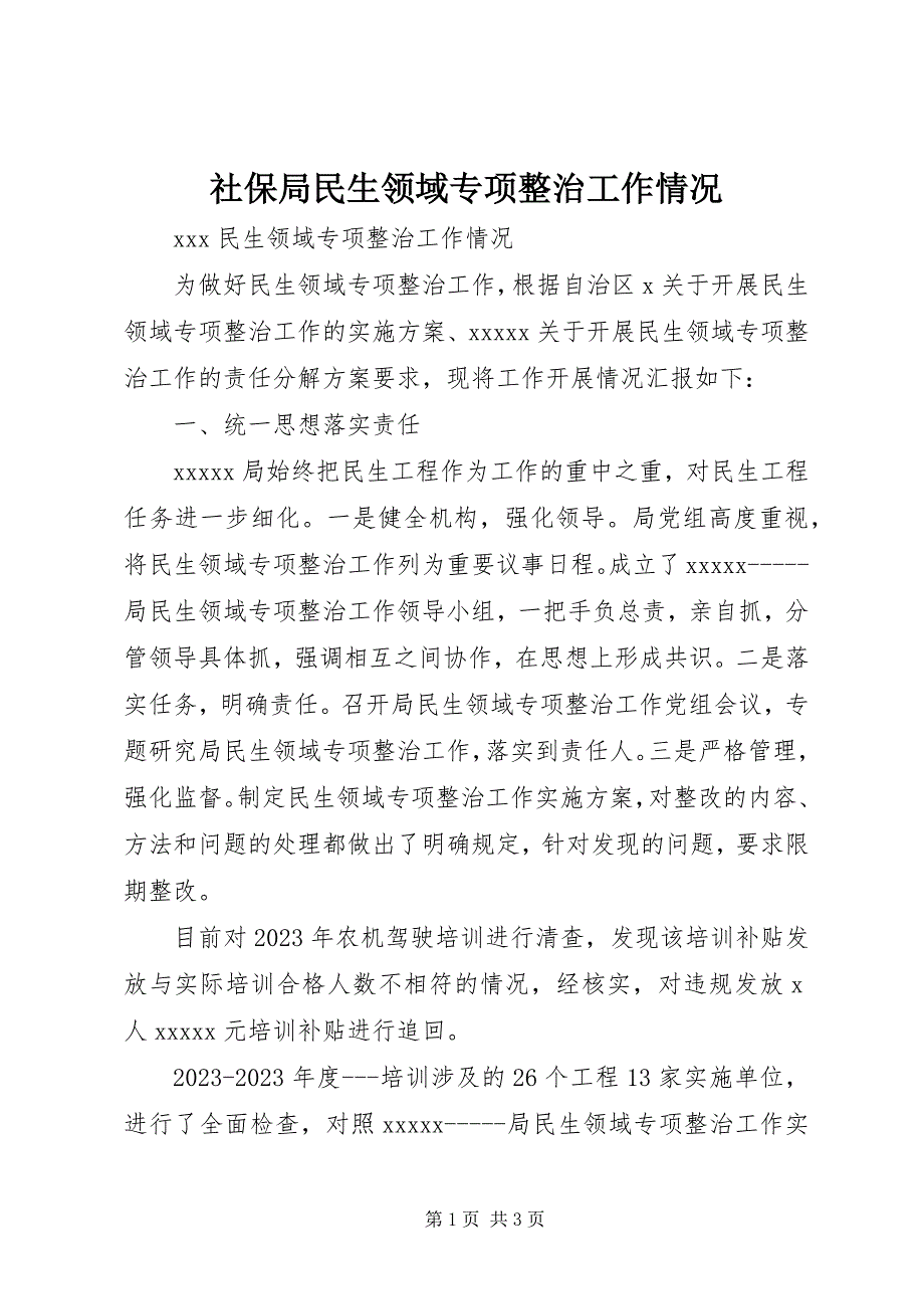 2023年社保局民生领域专项整治工作情况.docx_第1页