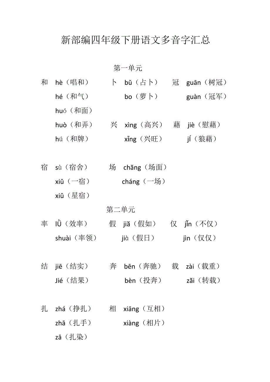 新部编四年级下册语文多音字汇总_第1页