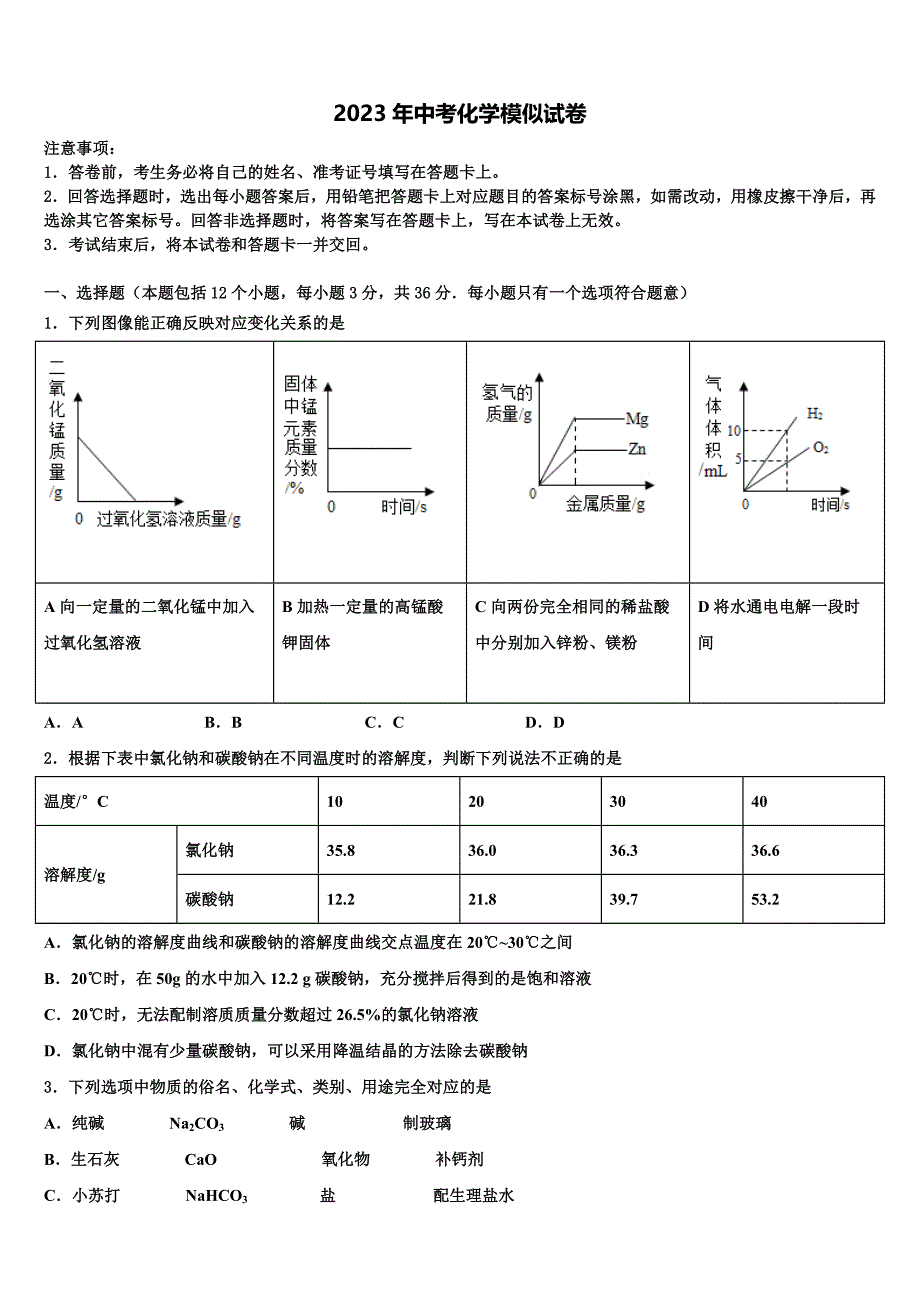 2022-2023学年江苏省南京市南航附中初中化学毕业考试模拟冲刺卷含解析_第1页