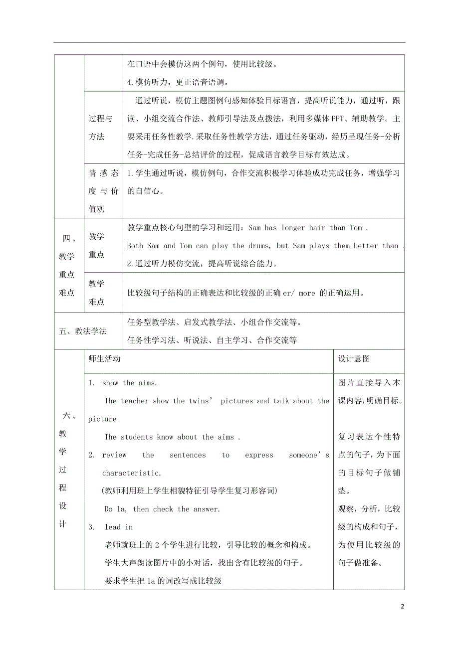 陕西省石泉县八级英语上册 Unit 3 Im more outgoing than my sister Section A（1a1c）教案 （新版）人教新目标版.doc_第2页