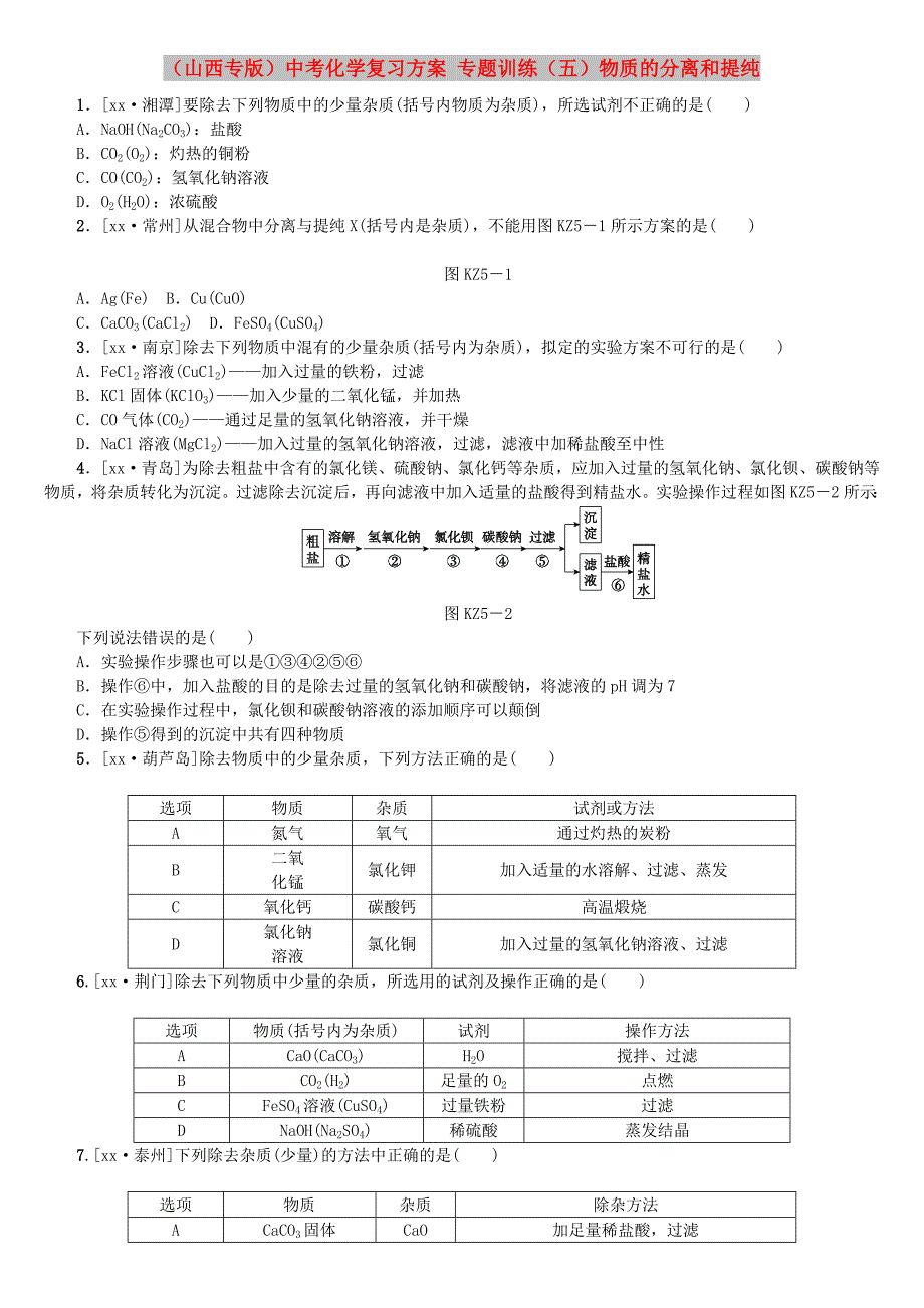 （山西专版）中考化学复习方案 专题训练（五）物质的分离和提纯_第1页