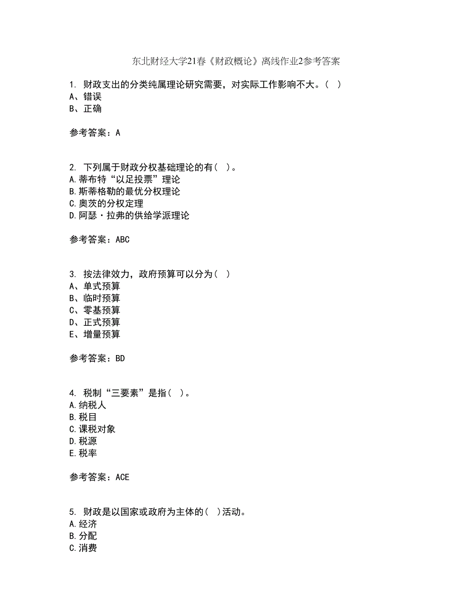 东北财经大学21春《财政概论》离线作业2参考答案82_第1页