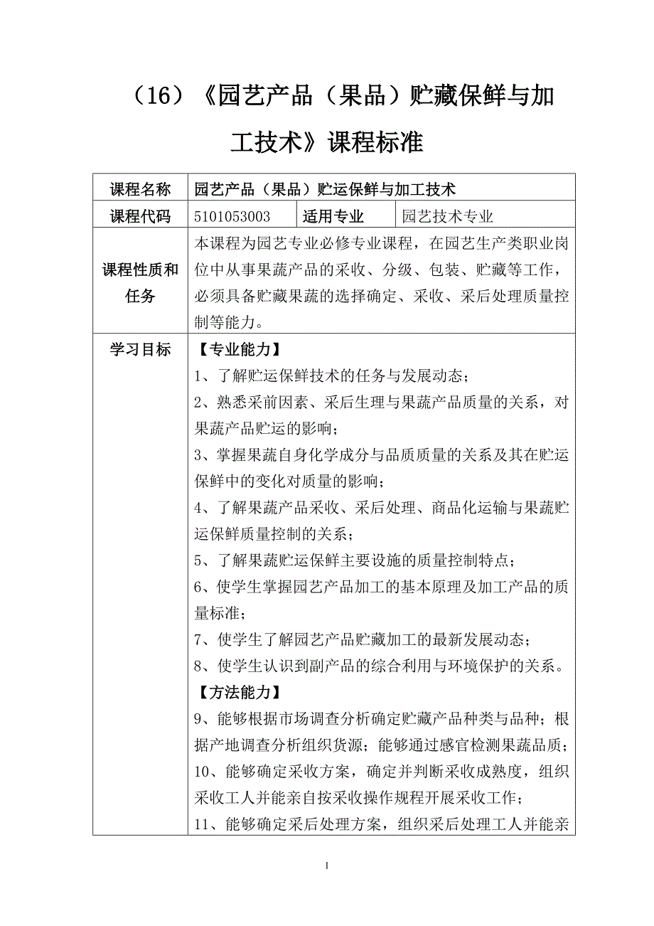 《园艺产品果品贮运保鲜与加工技术》课程标准_第1页