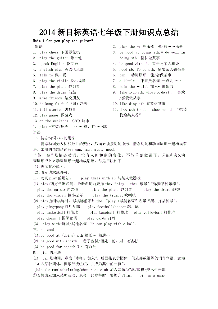 2014新目标英语七年级下册知识点总结_第1页