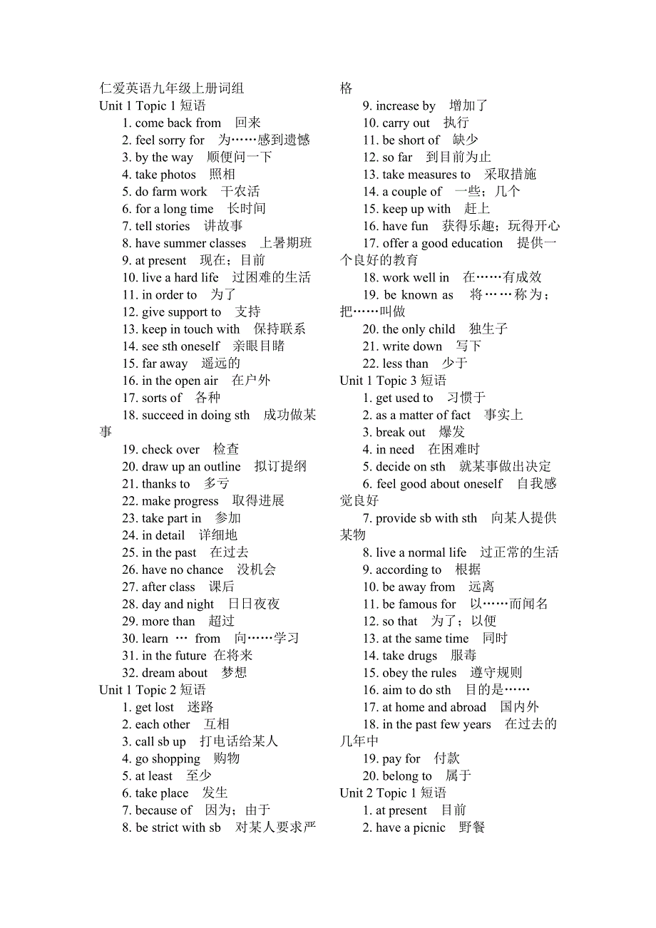 仁爱英语九年级上册词组1234.doc_第1页