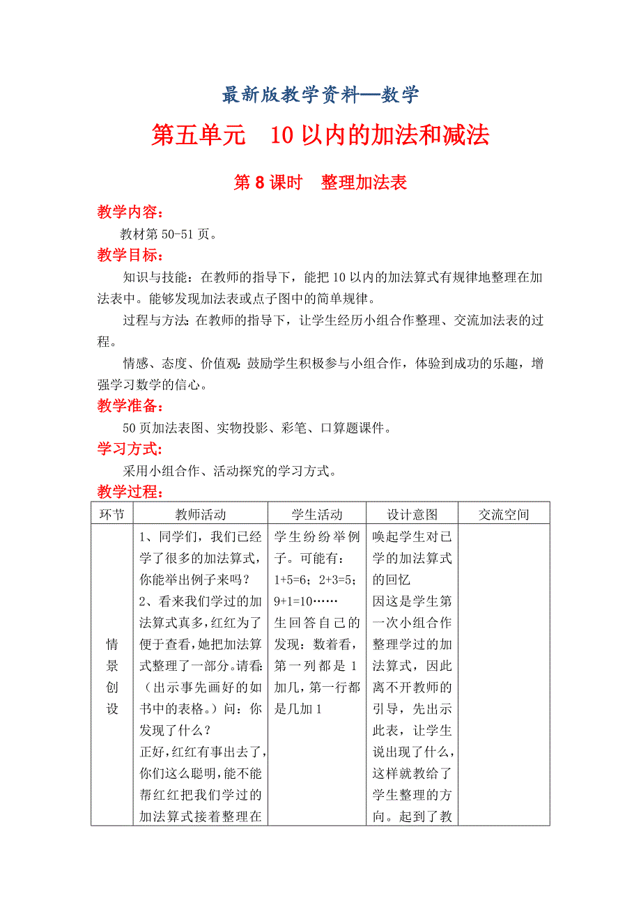 【最新版】【冀教版】一年级上册数学：第5单元 第8课时整理加法表_第1页