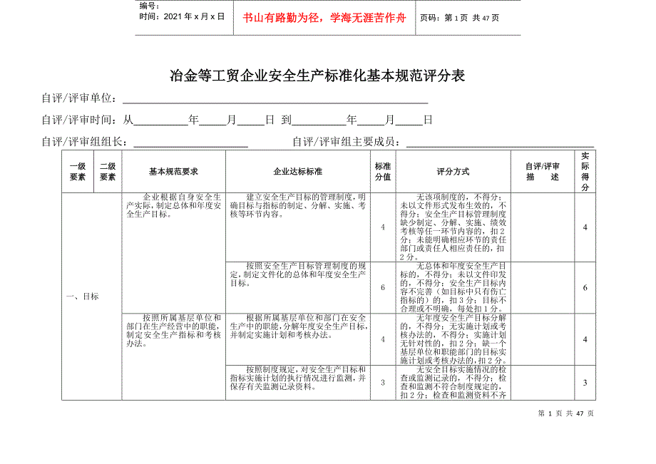 鑫迪公司标准化自评得分表_第1页