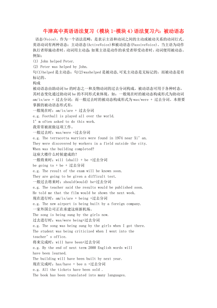 高中英语（模块1-模块4）六 被动语态语法复习 牛津版 .doc_第1页