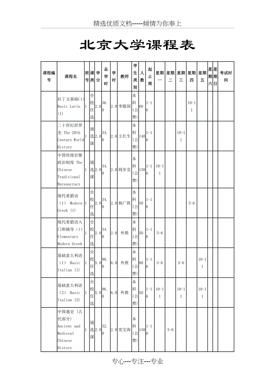 北京大学历史系课程表(共6页)_第1页