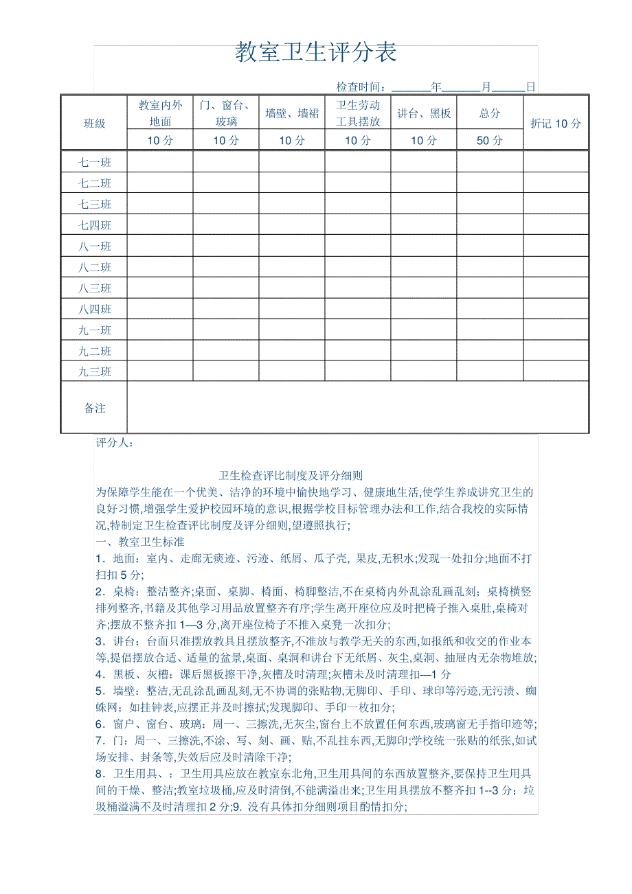 教室卫生评分表304_第1页