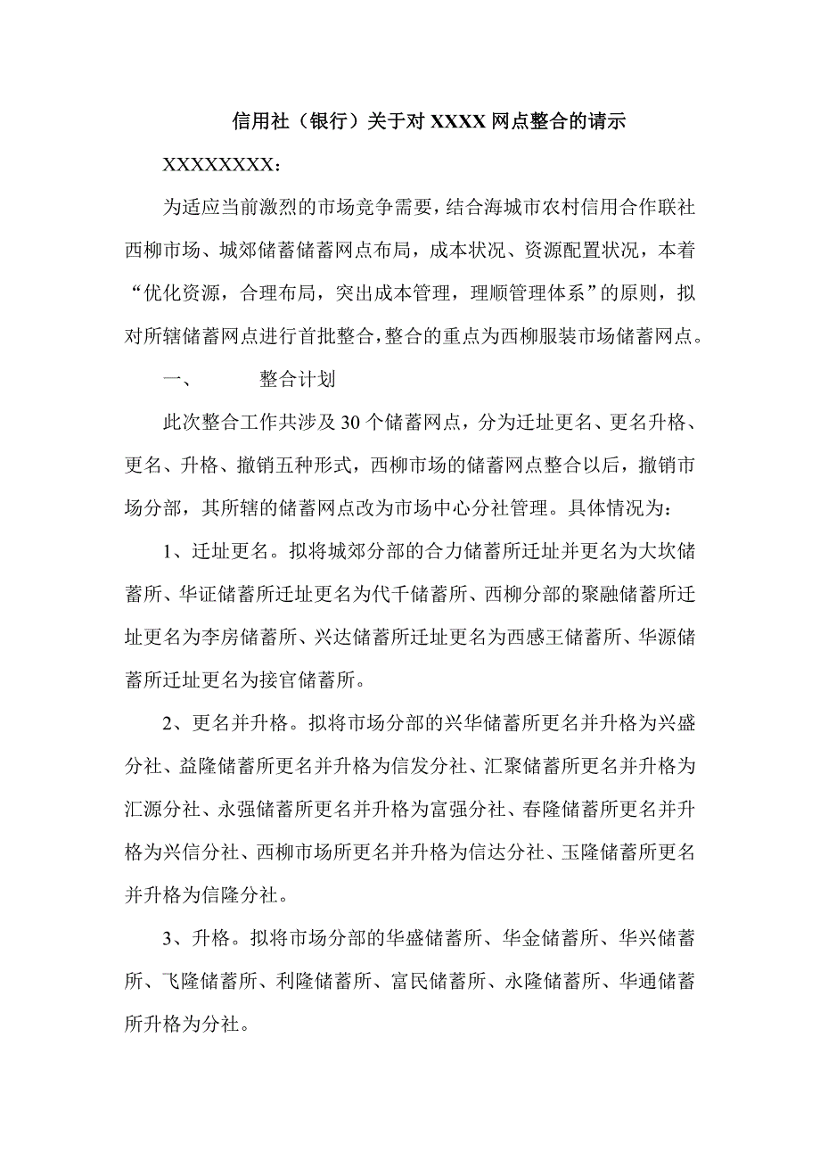 信用社（银行）关于对XXXX网点整合的请示.doc_第1页