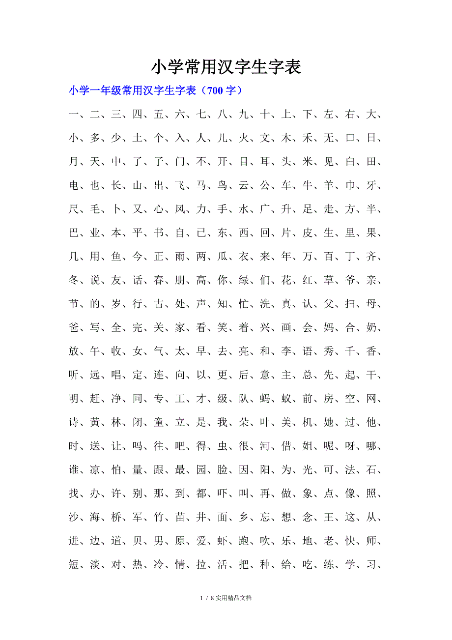 小学一年级常用汉字生字表_第1页