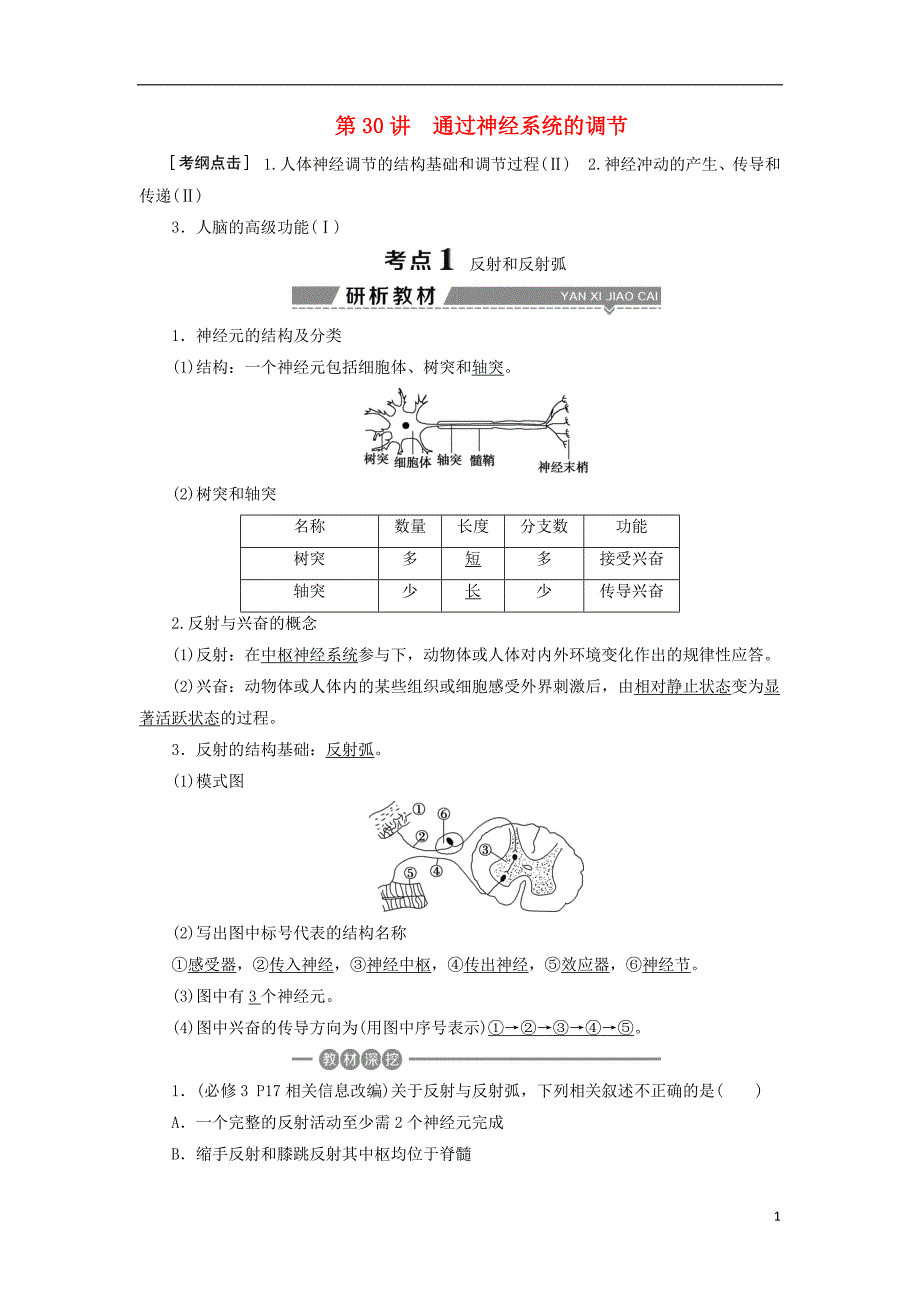 2018版高考生物复习生命活动的调节第30讲通过神经系统的调节学案.doc_第1页