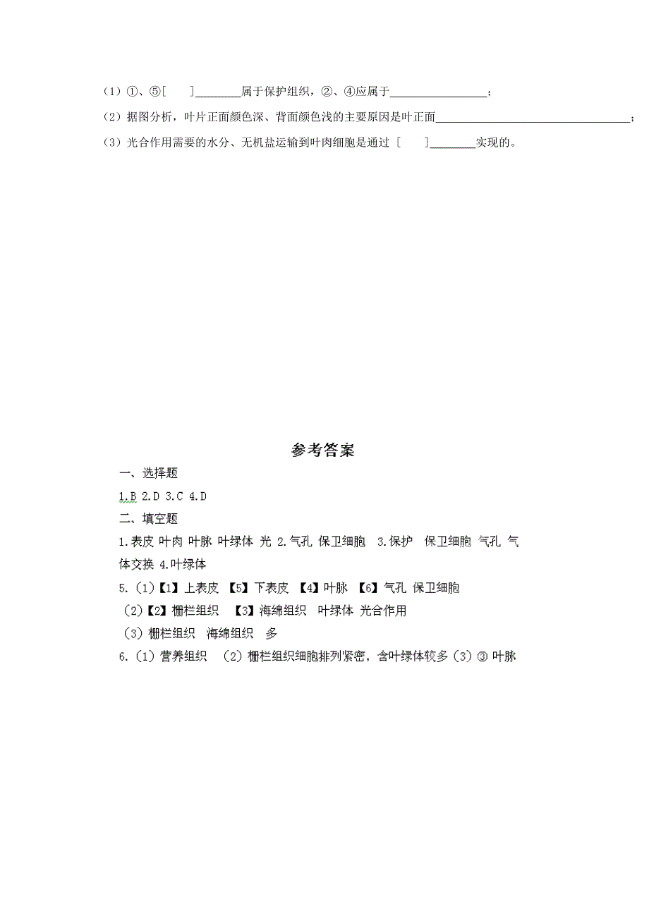 江苏省七年级生物上册3.6.2植物光合作用的场所课时训练无答案新版苏教版_第2页