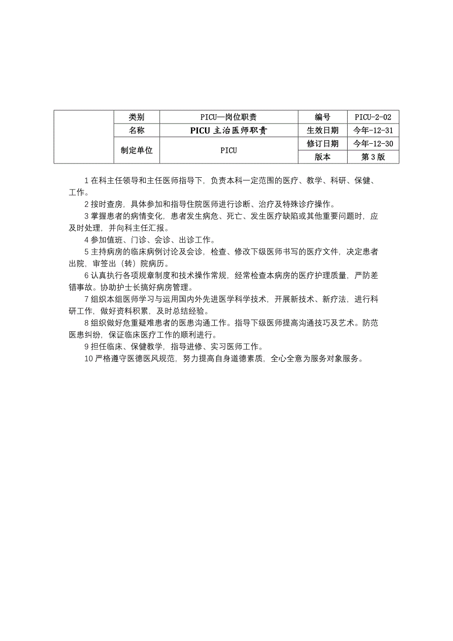 儿童重症医学科PICU岗位职责三甲资料修订版副主任医师职责主治住院科主任职责.docx_第2页