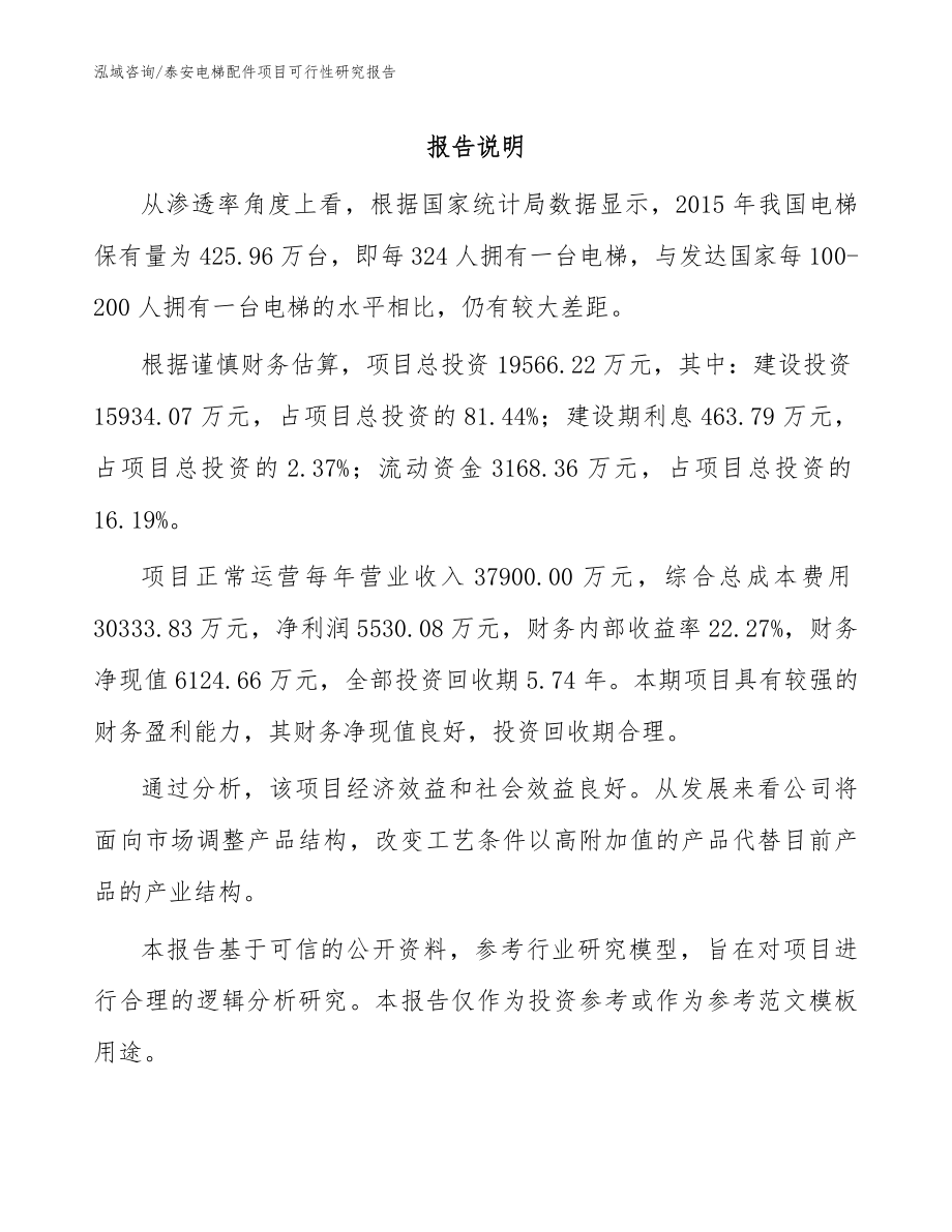 泰安电梯配件项目可行性研究报告_范文_第1页
