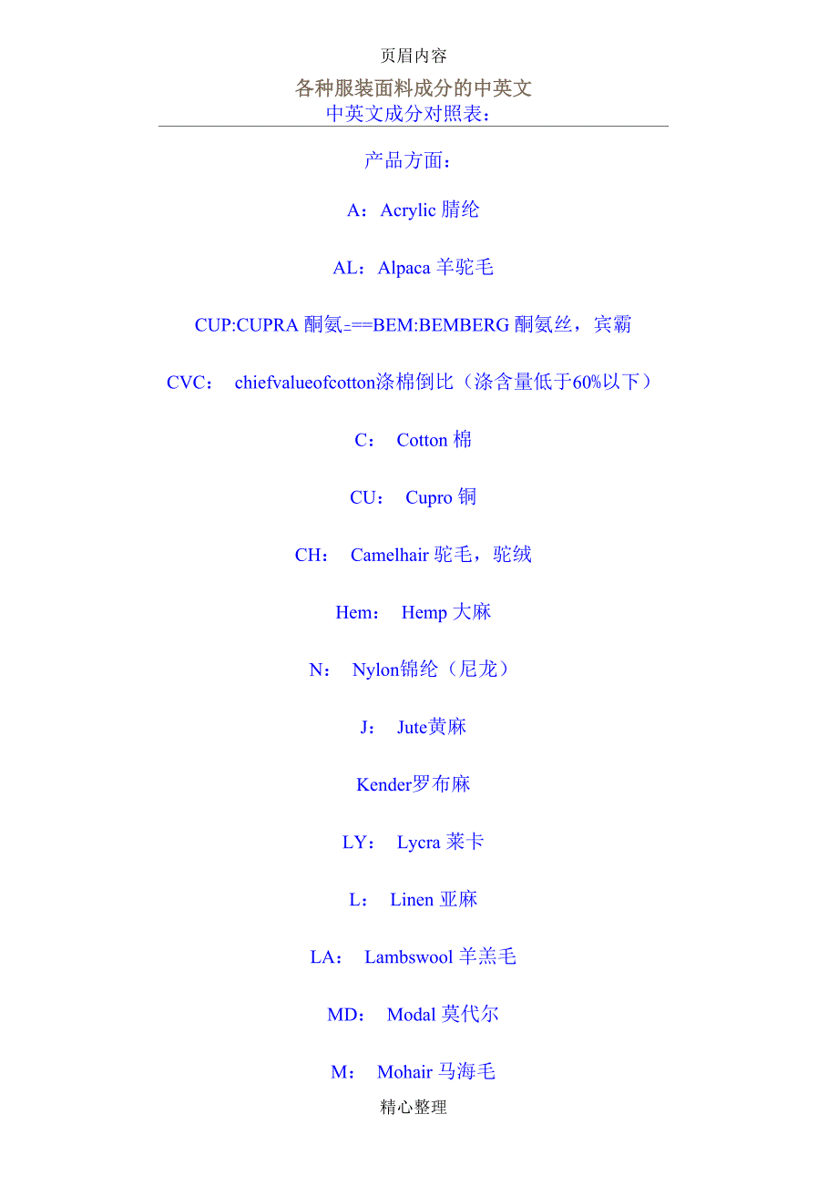 各种服装面料成分的中英文及缩写_第1页