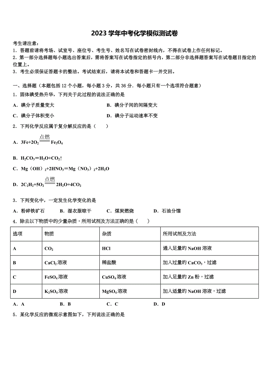 山东南山集团东海外国语校2023学年中考四模化学试题（含答案解析）.doc_第1页