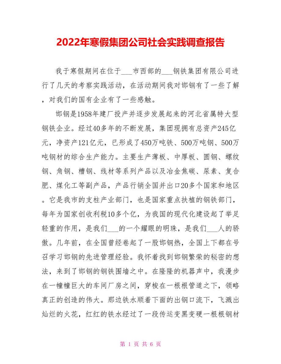 2022年寒假集团公司社会实践调查报告_第1页