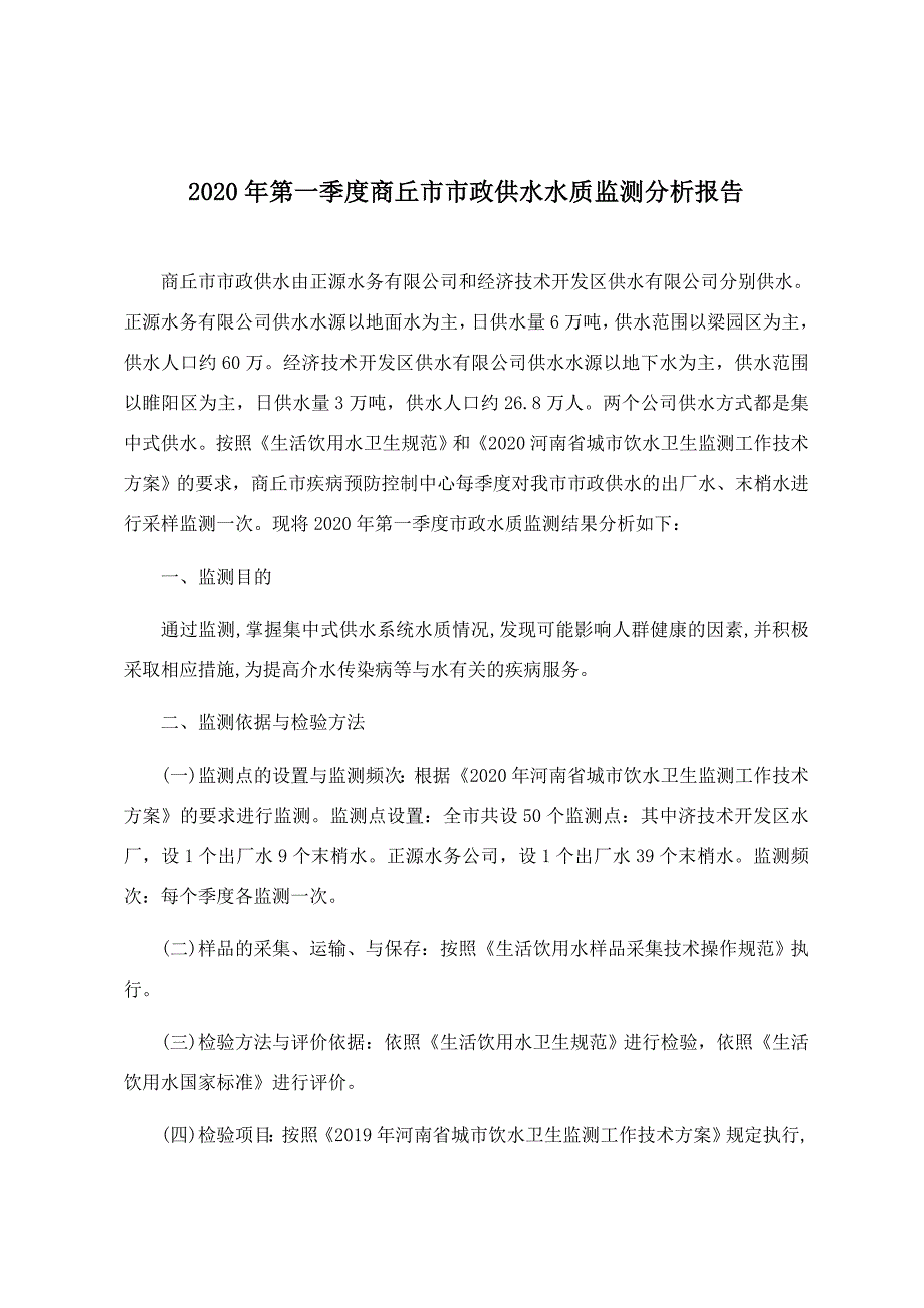 2020年第一季度商丘市市政供水水质监测分析报告_第1页