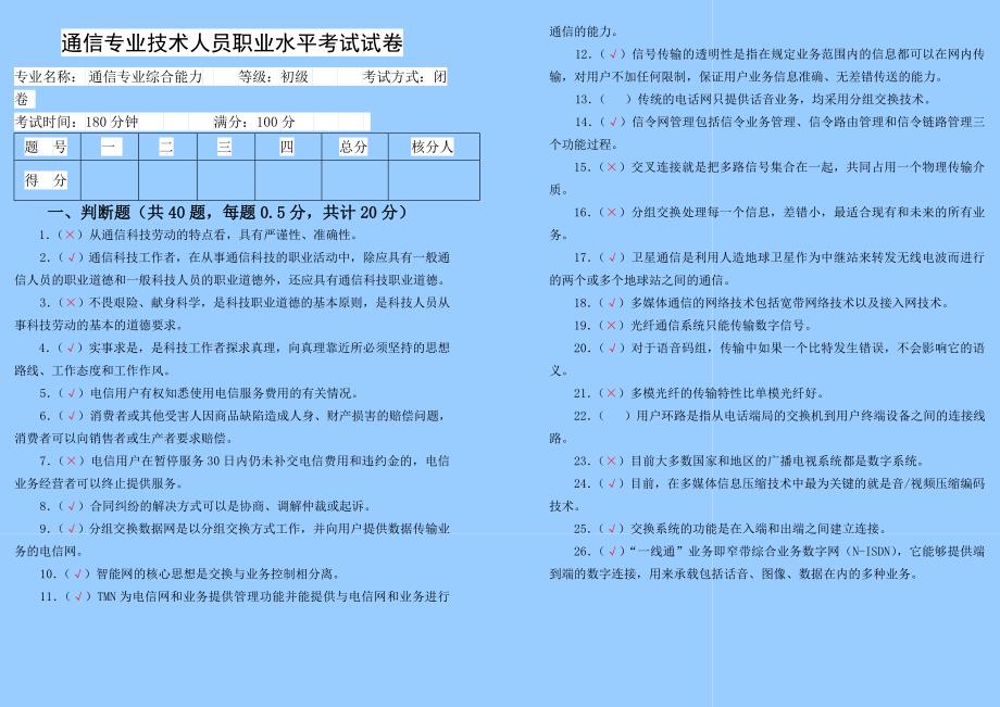 通信专业技术人员初综合能力试题答案Word_第1页