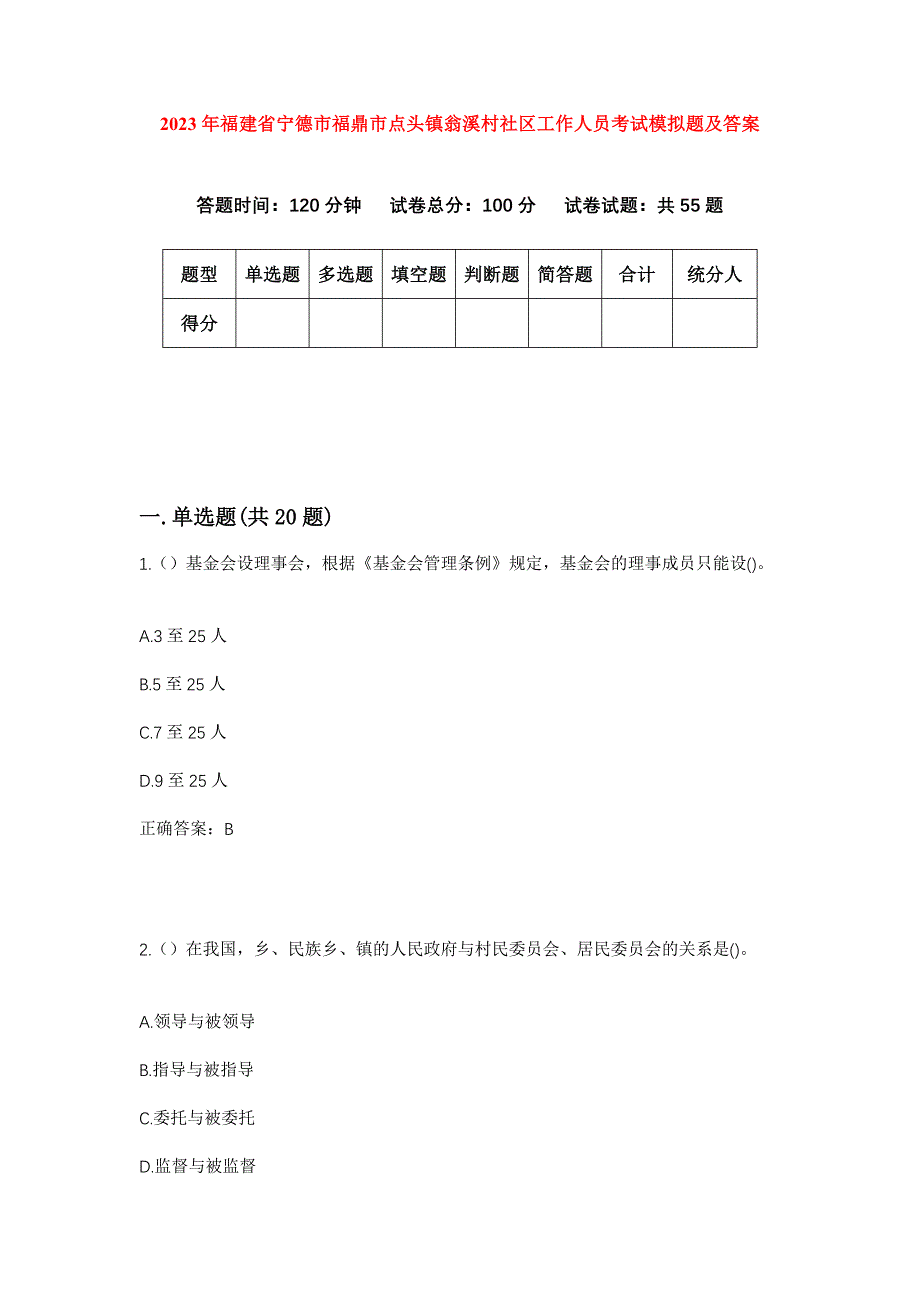 2023年福建省宁德市福鼎市点头镇翁溪村社区工作人员考试模拟题及答案_第1页