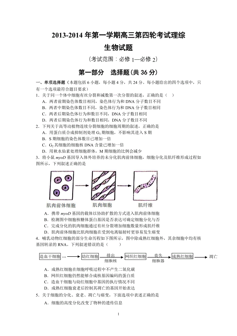 2013-2014年第一学期高三第四轮考试理综生物试题.doc_第1页