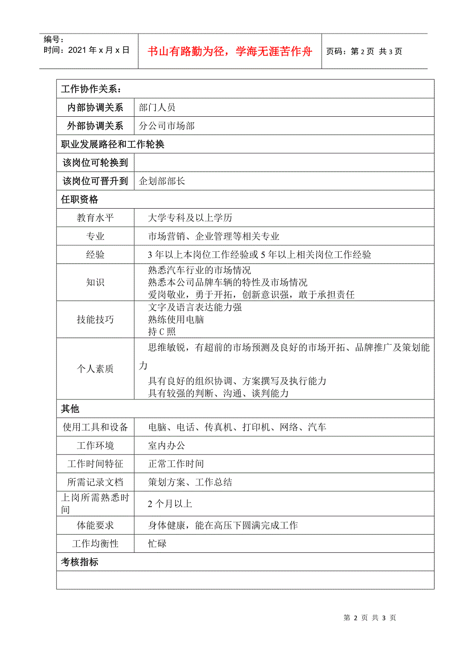 某汽车集团企划部部长助理岗位说明书_第2页