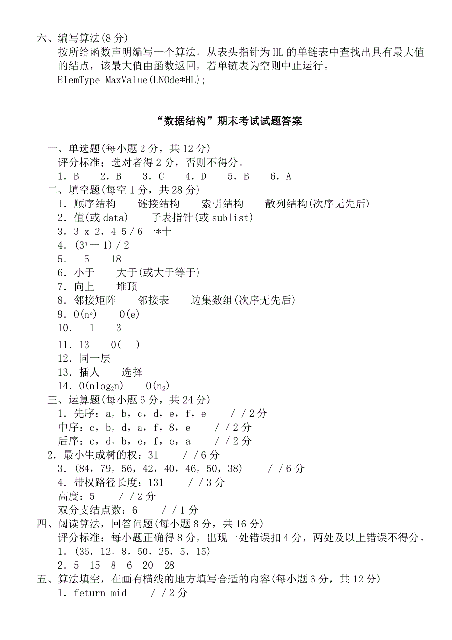 数据结构C语言版期末考试试题(有答案).doc_第4页