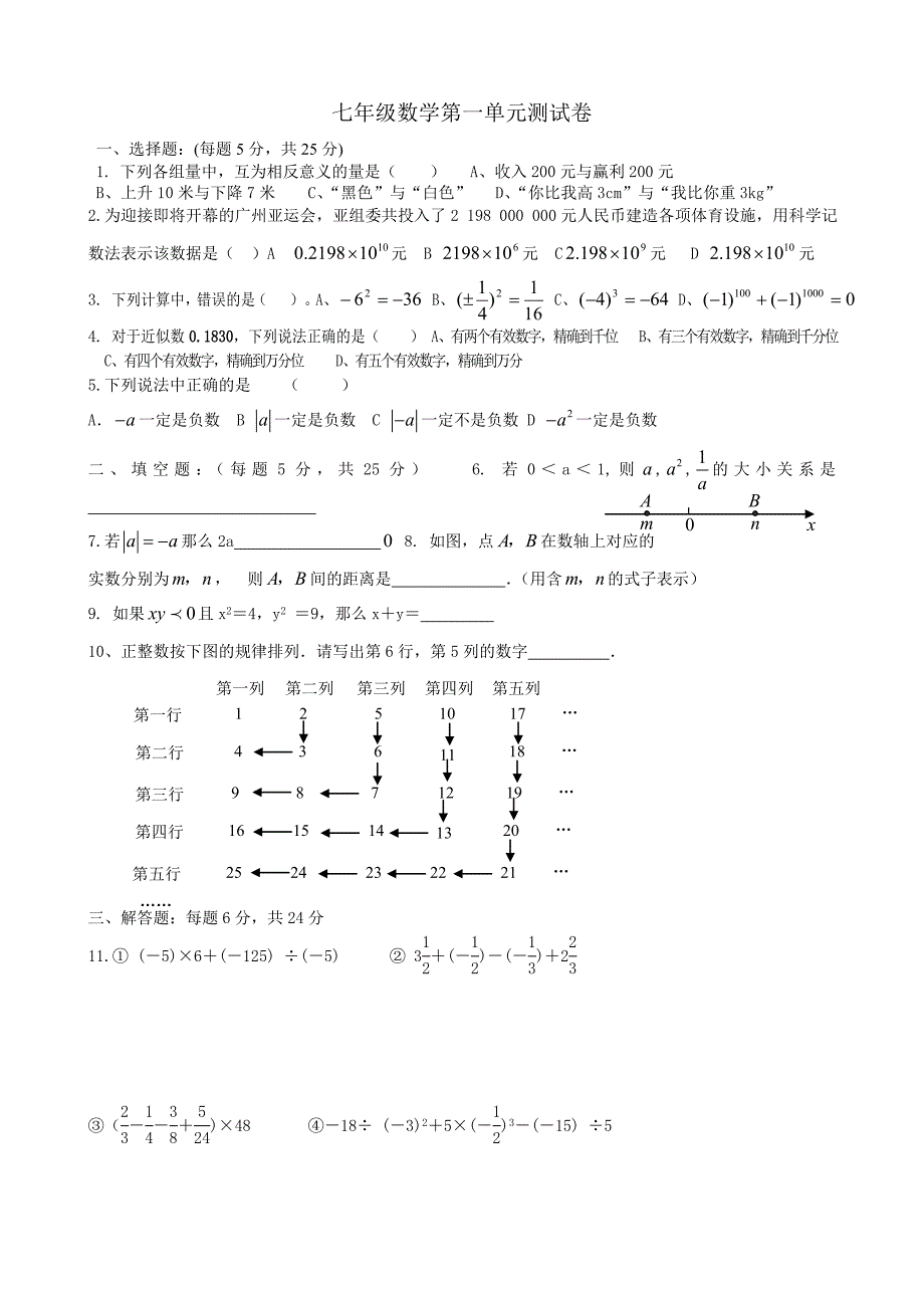 七年级数学第一单元测试卷_第1页