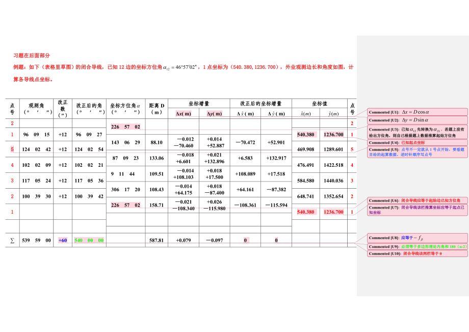 导线内业计算习题、例题