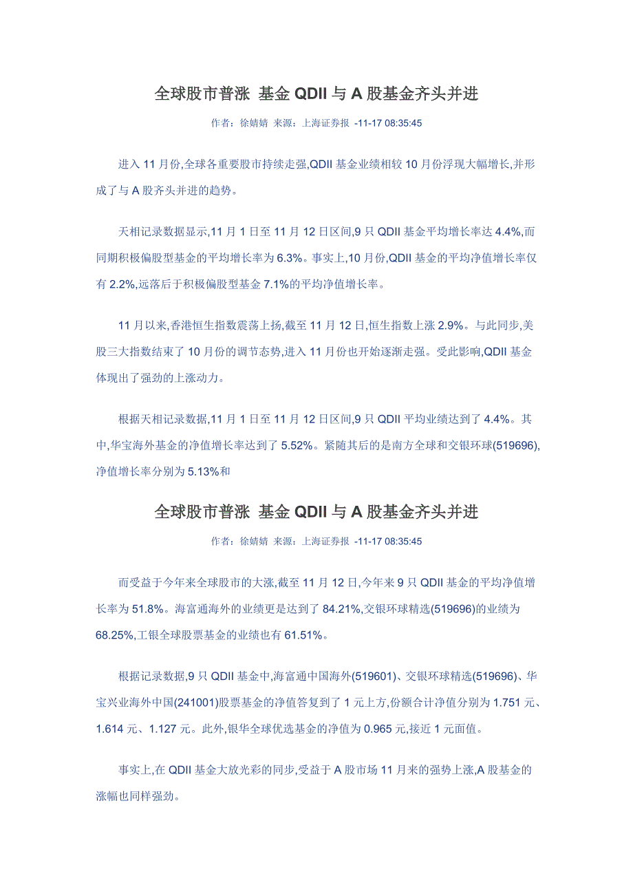 全球股市普涨基金QDII与A股基金齐头并进_第1页