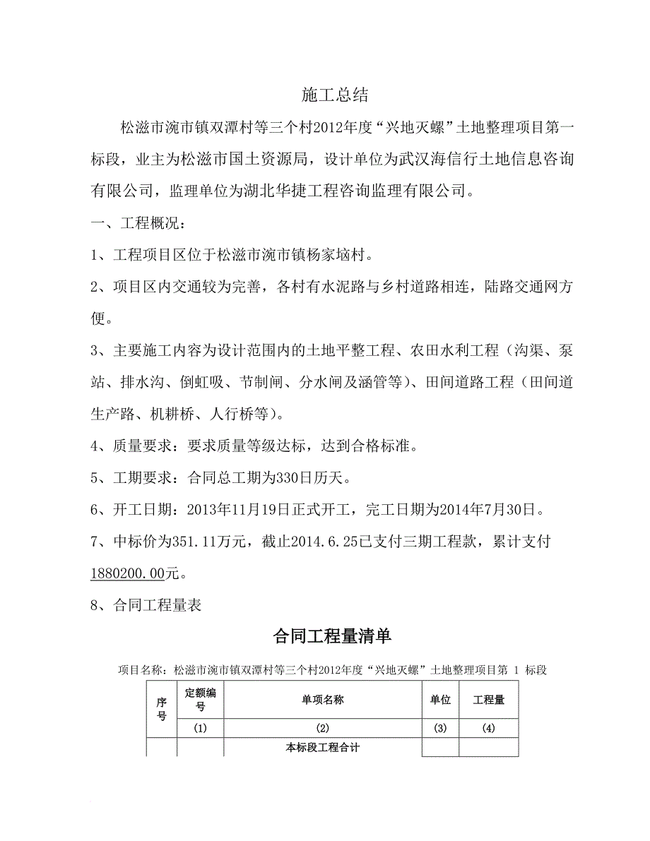 农田水利工程(沟渠、泵站、排水沟、倒虹吸、节制闸、分水闸及涵管等)、田间道路工程田间道生产路、机耕桥、人行桥等土地整理施工总结_第1页