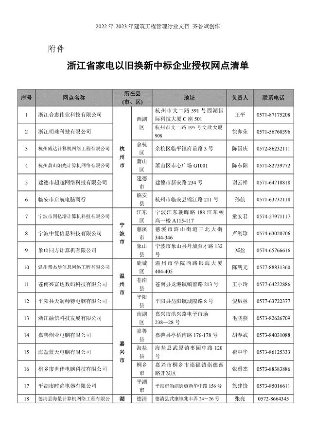 浙江省家电以旧换新中标企业授权网点清单