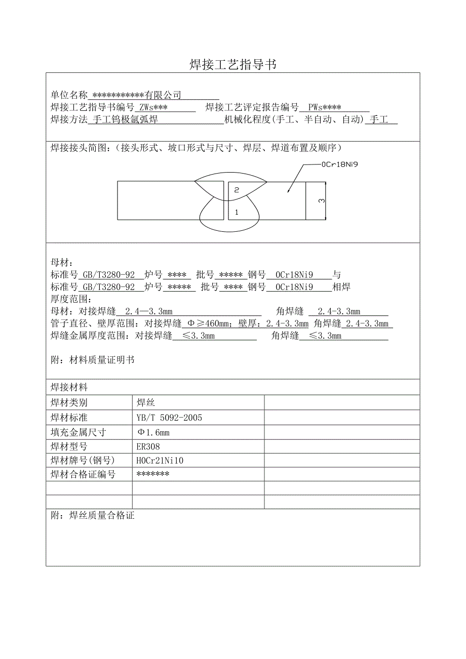 不锈钢手工钨极氩弧焊焊接工艺评定样表0_第1页