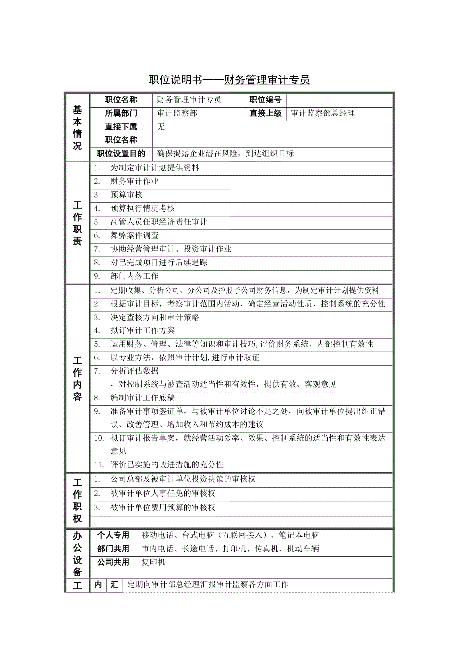 财务管理审计专员岗位说明书_第1页