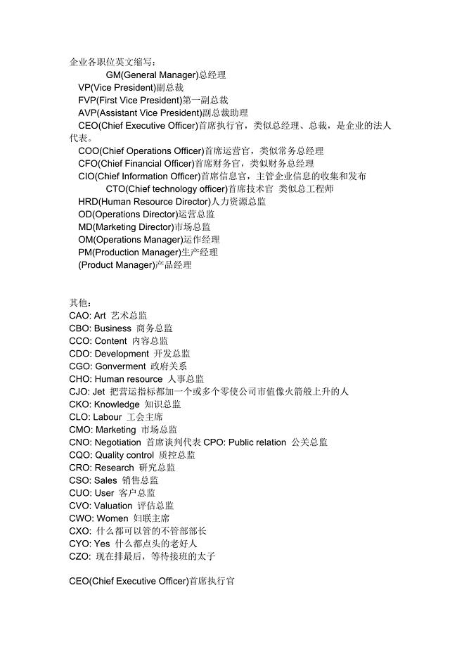 企业各职位英文缩写;