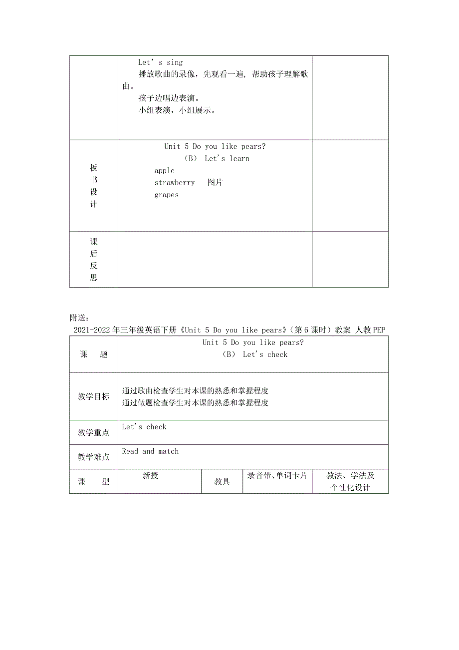 2021-2022年三年级英语下册《Unit 5 Do you like pears》（第5课时）教案 人教PEP_第2页