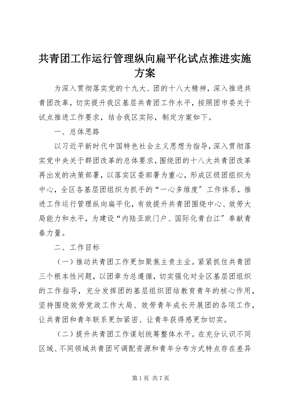 2023年共青团工作运行管理纵向扁平化试点推进实施方案.docx_第1页